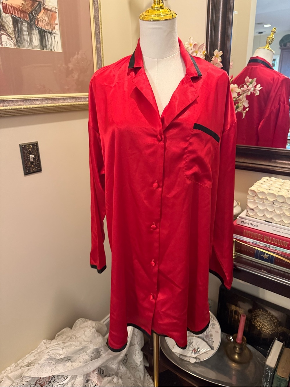 Vintage 90’s Victoria's Secret Red Satin Button-Up Tunic with Black Trim